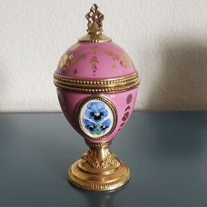 Pink and Gold Decorative Egg with Blue Floral Design that Plays Sleeping Beauty
